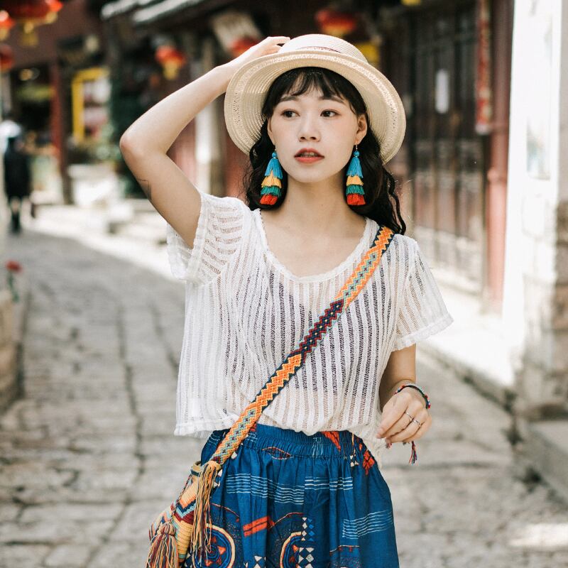 白いブラウス、薄いニットのセーター、ショートコート、ビーチでの休暇の日焼け防止シャツ、中空のセクシーな半袖の夏 ドリームホーストラベル婦人服60280676232