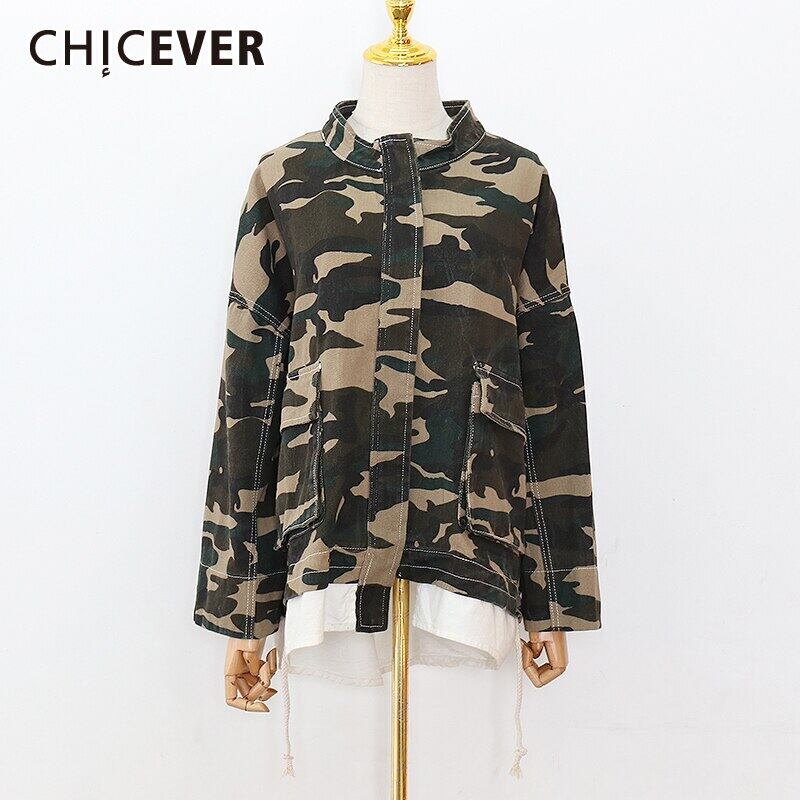 CHICEVERカモフラージュレディースジャケットスタンドカラー長袖ラージサイズパッチワークヒットカラールーズコート2021オータムタイド ロング 大きめサイズ 秋物 6base524787225281