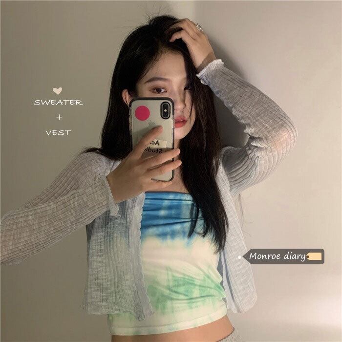 Vネックニットカーディガン薄手セーター スプリングショートジャケット ロング 春物 モンロー4283192125
