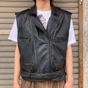 ユーロ 90s〜2000s The Flying Pickets 本革 ヴィンテージ レザーベスト／ライダース ベルト付き／黒／L相当