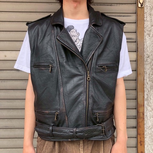 ユーロ 90s〜2000s The Flying Pickets 本革 ヴィンテージ レザーベスト/ライダース ベルト付き/黒/L相当