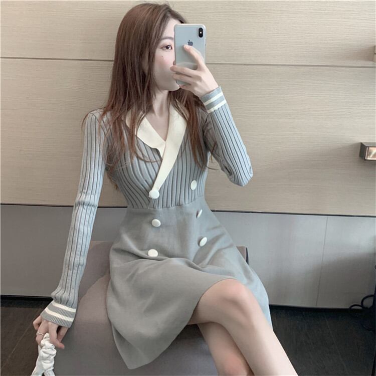 着痩せ効果!通勤する 長袖 ニット 短いスタイル ワンビース 秋冬 新カラーマッチング セーター