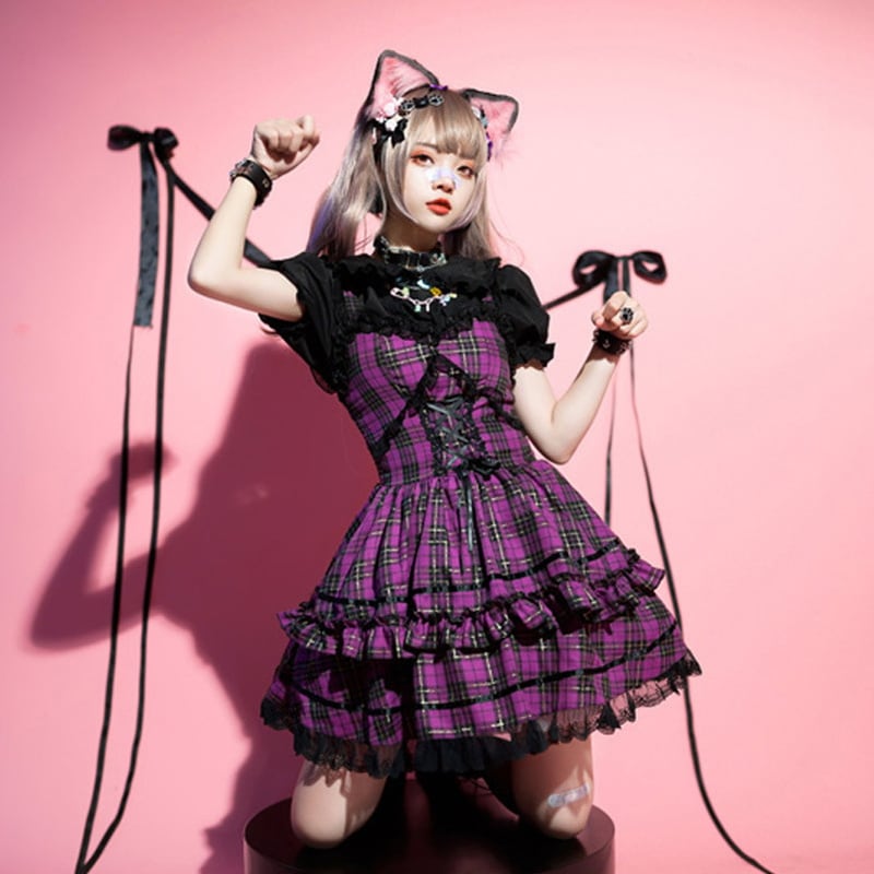サブカル 服 地雷系 通販 ロリータ ジャンパースカート チェック柄 フリル レース ゴスロリ 闇かわいい アイドル アキバ系バンギャ