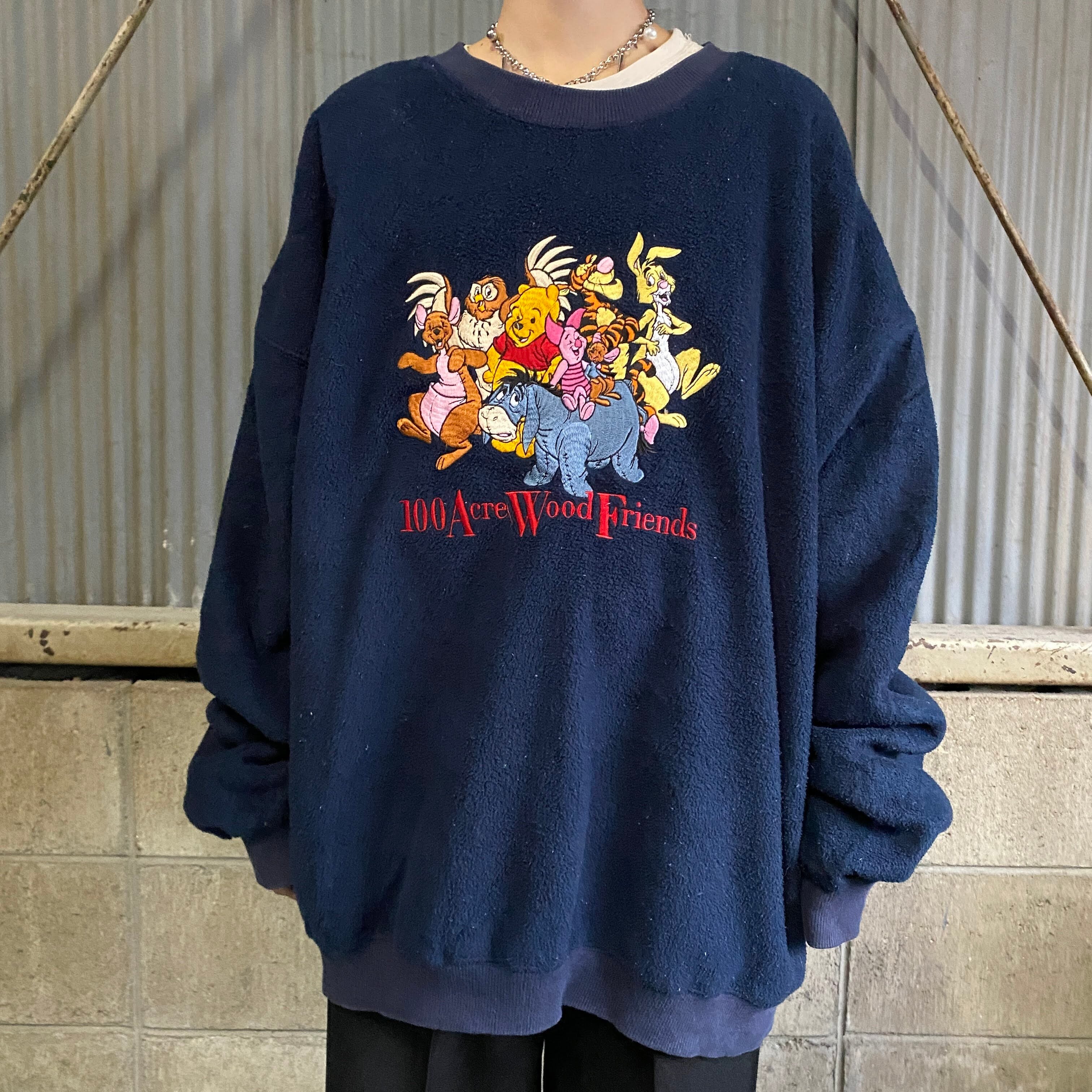 DISNEY ディズニー プーさん キャラクター刺繍 フリーストップス メンズL 古着 レディース ネイビー  紺色【スウェット】【HA10】【CS2301-50】 | cave 古着屋【公式】古着通販サイト