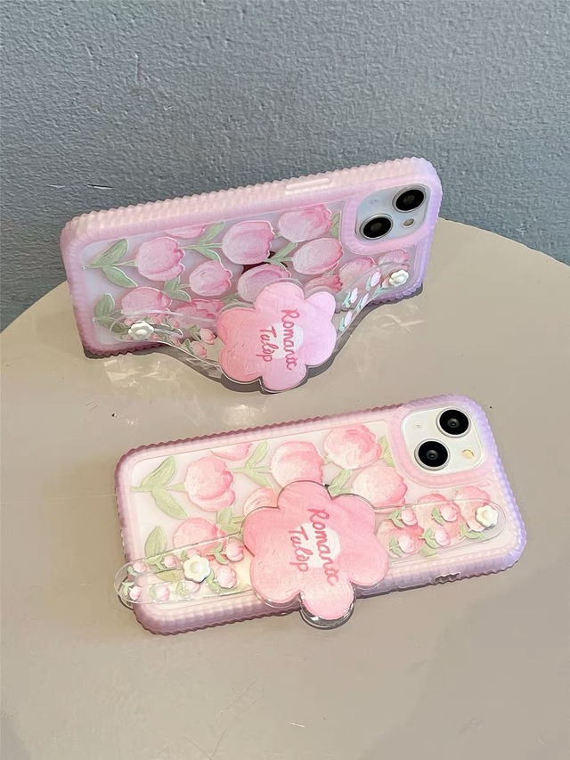 iPhoneケース iPhone14 iPhone13 ベルト付き 花柄 油絵風 チューリップ かわいい スマホケース おしゃれ 韓国 2594