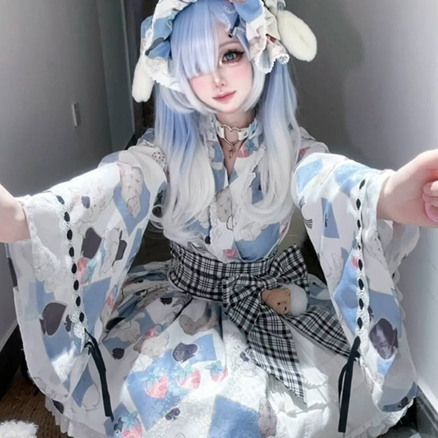 サブカル 服 地雷系 通販 服 オタク 和ロリ 和風メイド ワンピース フレアスリーブ エプロン リボン ゆめかわふぁっしょん 3点セット 着物風 ベビードール メイドワンピ コンカフェ