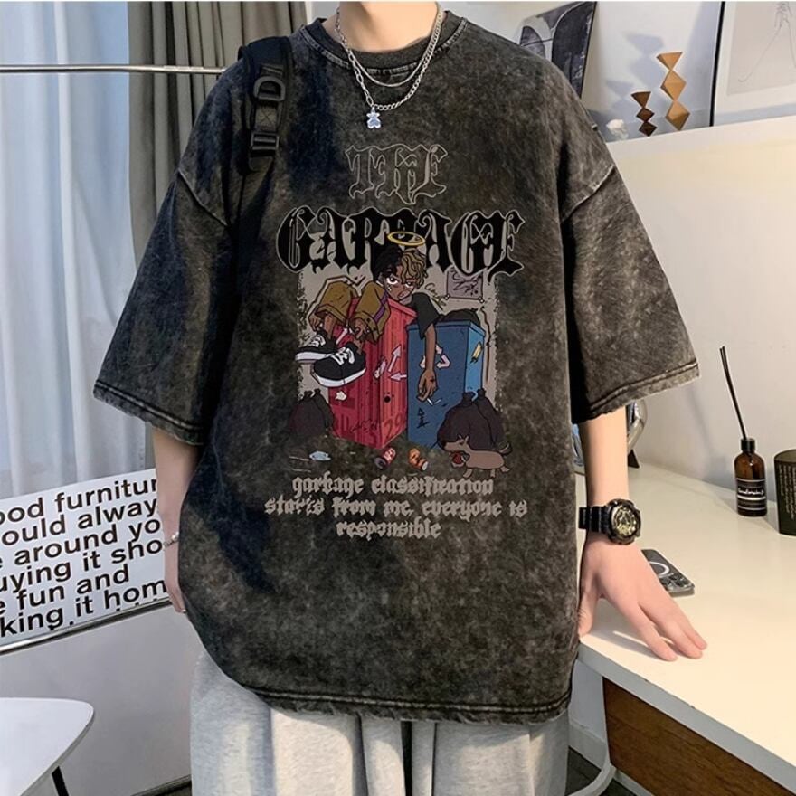 メンズ 半袖 Tシャツ ネックレス 2点セット プリント柄 ウォッシュド