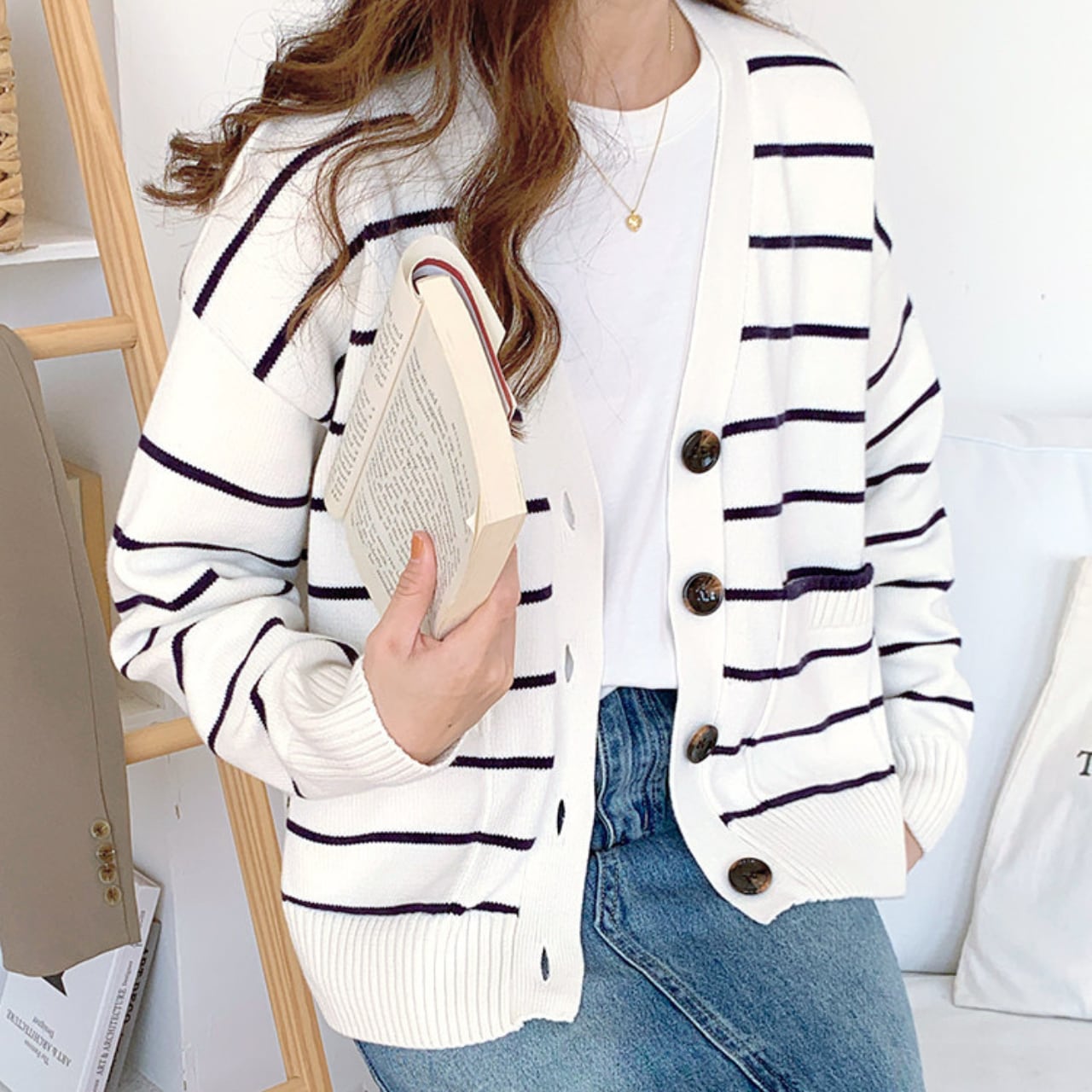 ボーダー綿ニットVネックカーディガン JC0245