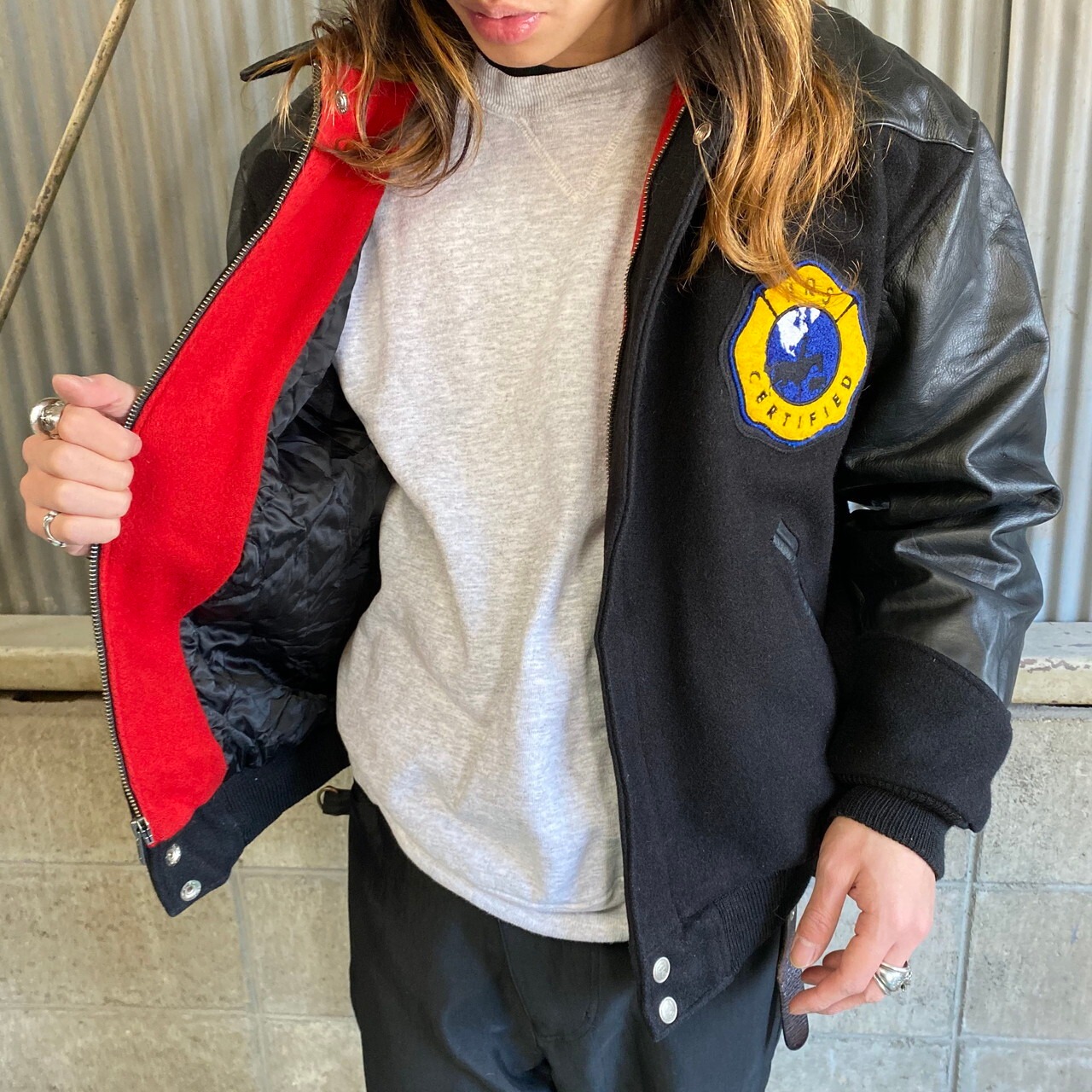 USA製 GOLDEN BEAR レザー×ウールジャケット スタジャン メンズS 古着 