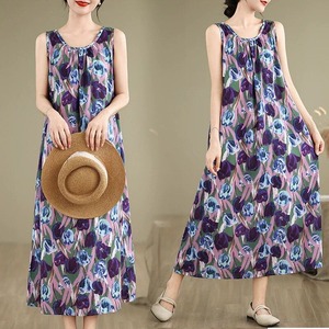 FLOWER PRINT BOAT NECK SLEEVELESS A-LINE LONG PULLOVER DRESS 1color M-16696