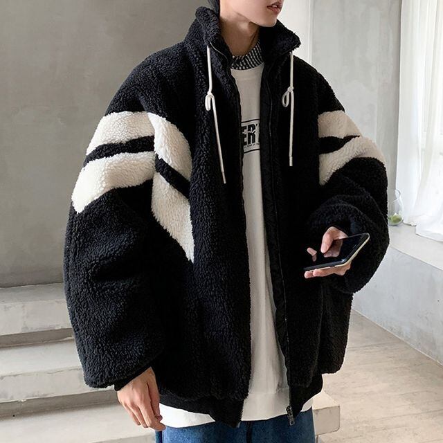 【予約販売】ボアブルゾン メンズ ライン モノトーン ショート丈 ビッグシルエット オーバーサイズ ブラック ホワイト コート ジャケット 防寒 お洒落 こなれ感 ベーシック 秋冬 大きいサイズ M/L/XL/2XL