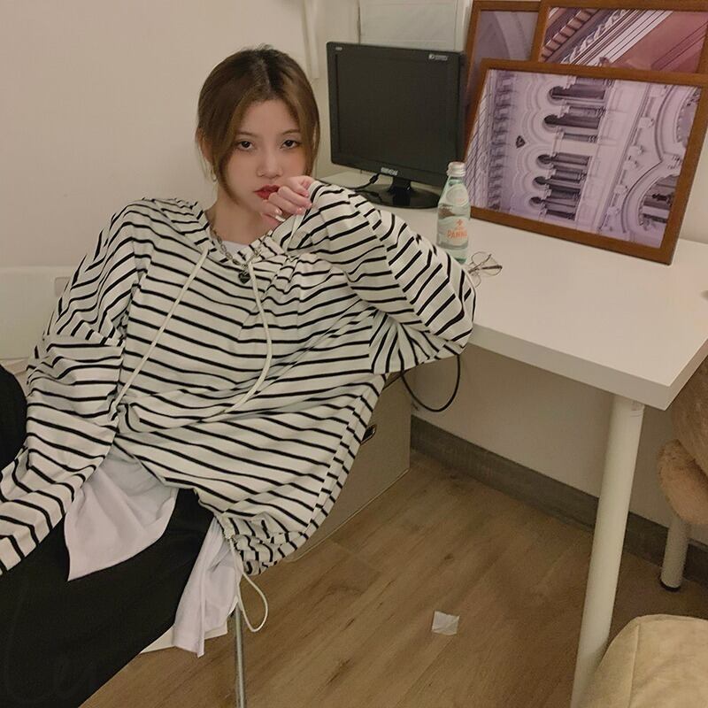 スタイルルーズ薄手ストライプフードセーター ジャケット スプリングオータムトップス ロング 春物 秋物 モンロー27544856531