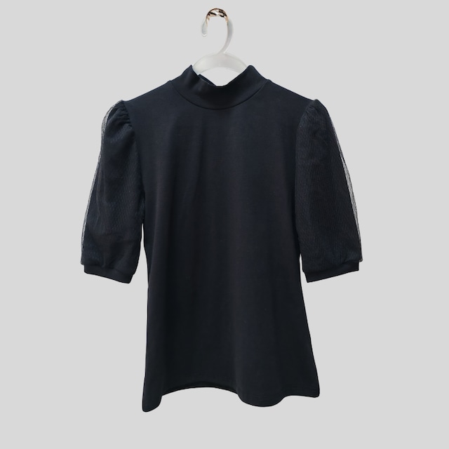 モックネック シースルーパフスリーブ スリムフィット トップス 2col D00489