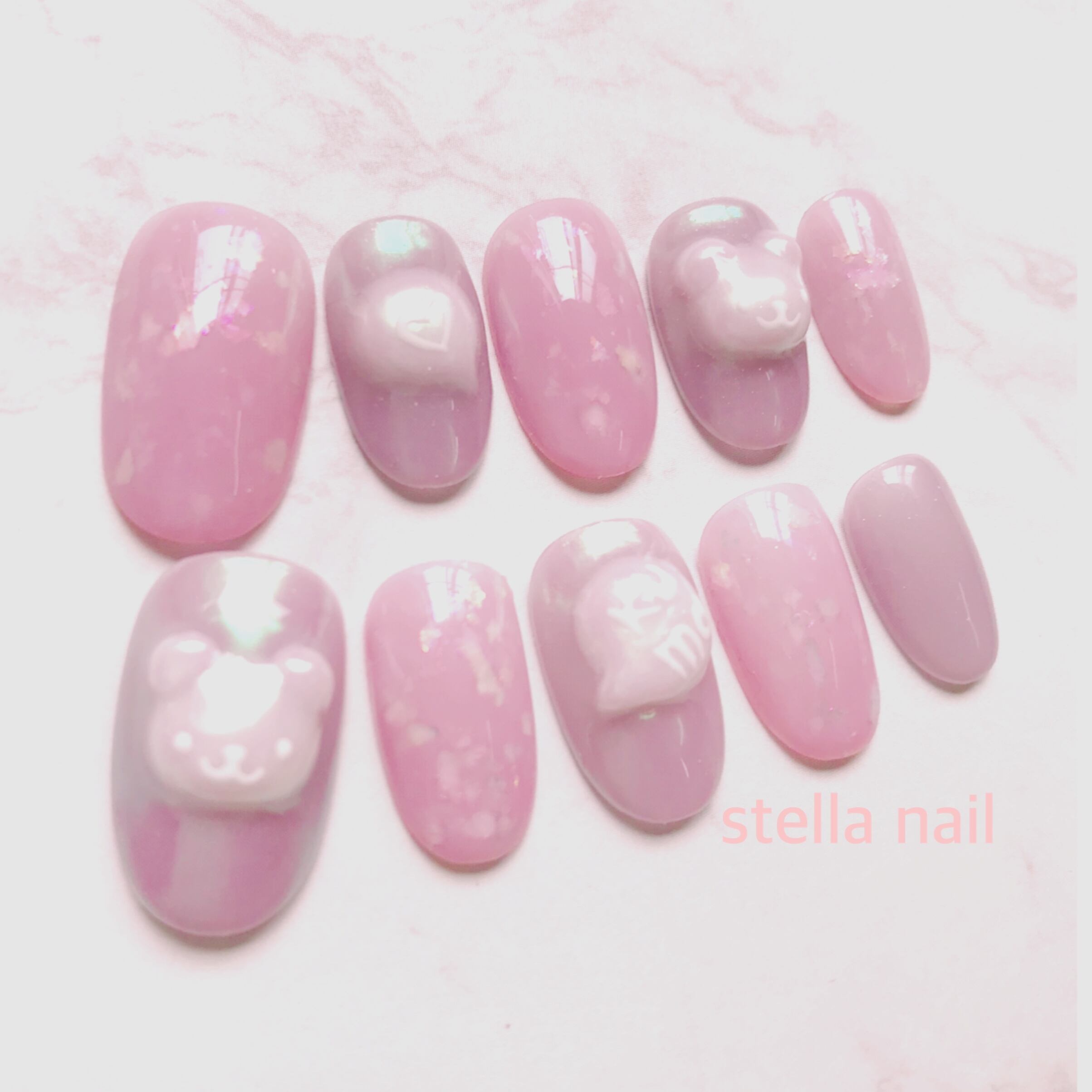 ネイルチップニュアンスピンクシェルぷっくりくまさんハートオーロラ995 ネイルチップニュアンスピンクシェルぷっくりくまさんハートオーロラ