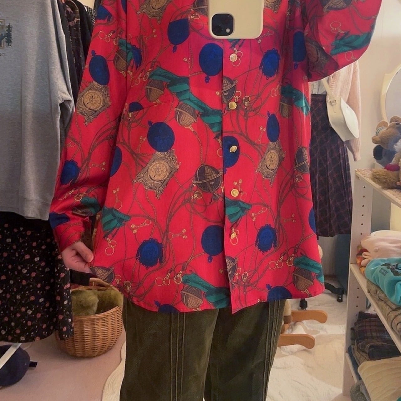 clock and globe red satin blouse