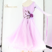 社交ダンス 衣装 スタンダードドレス ワンピース ドレス スタンダード 紫 ラベンダー デモ 競技 ダンス パーティ 発表会 フリル レース 薔薇 パープル系 キラキラ 輝き おしゃれ 華やか ダンス服 フェミニン イベント用 競技用装飾