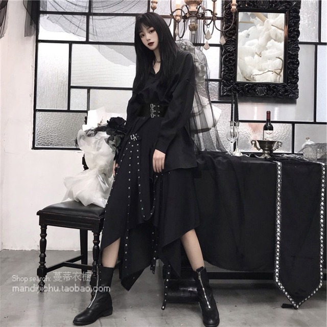 【即納Ｌ】 ゴスロリ 地雷系 スカート ロング丈 ベルト アシンメトリー ロング丈 秋冬服