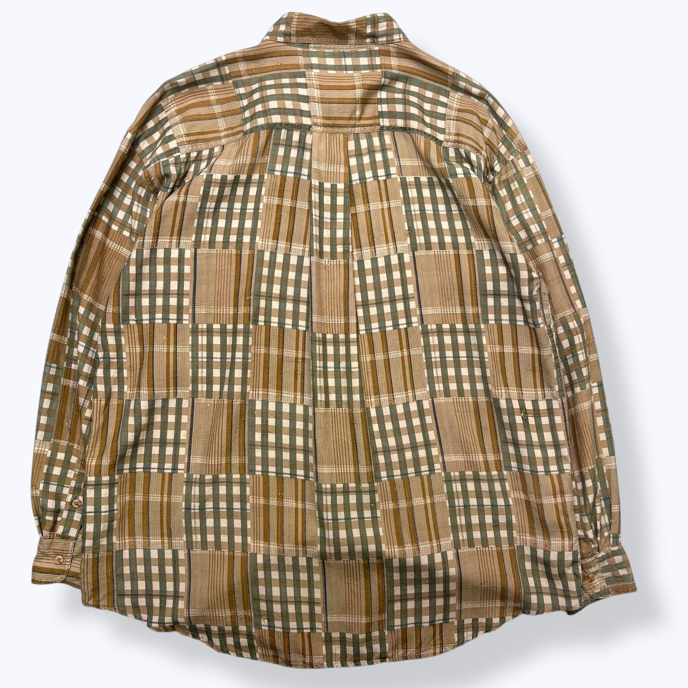 80s~ DEAD STOCK GOOUCH Patchwork Check Silk Shirts 【XL】 80年代