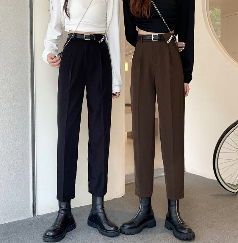 ブラックカジュアルパンツ スプリングオータムルーズ薄手ハイウェストウェスト 春物 秋物 1号婦人90485361057