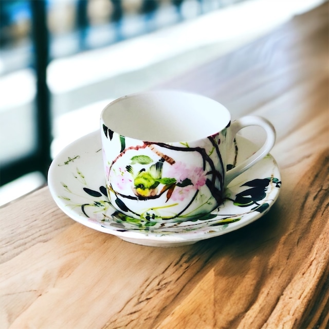 【受注生産】絵柄違い　八重桜とメジロのコーヒー＆ソーサ―　2客セット