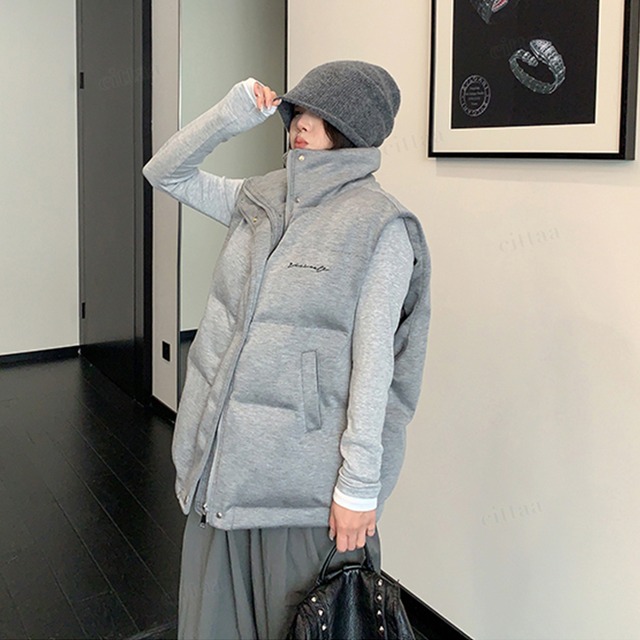 ★予約★D-728　2025秋新作♡ricecake刺繍ロゴ入り中綿ダウンベスト　グレー