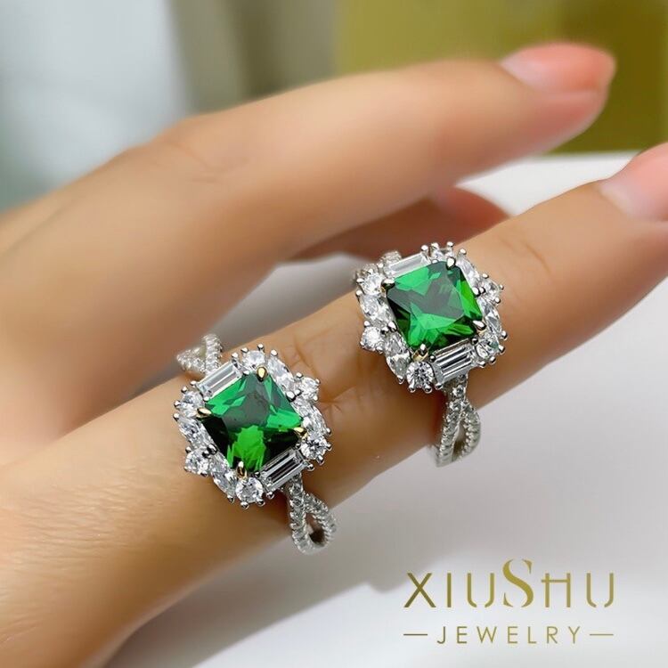 人工エメラルド グリーン 緑 2カラット 高炭素ダイヤモンド スクエア