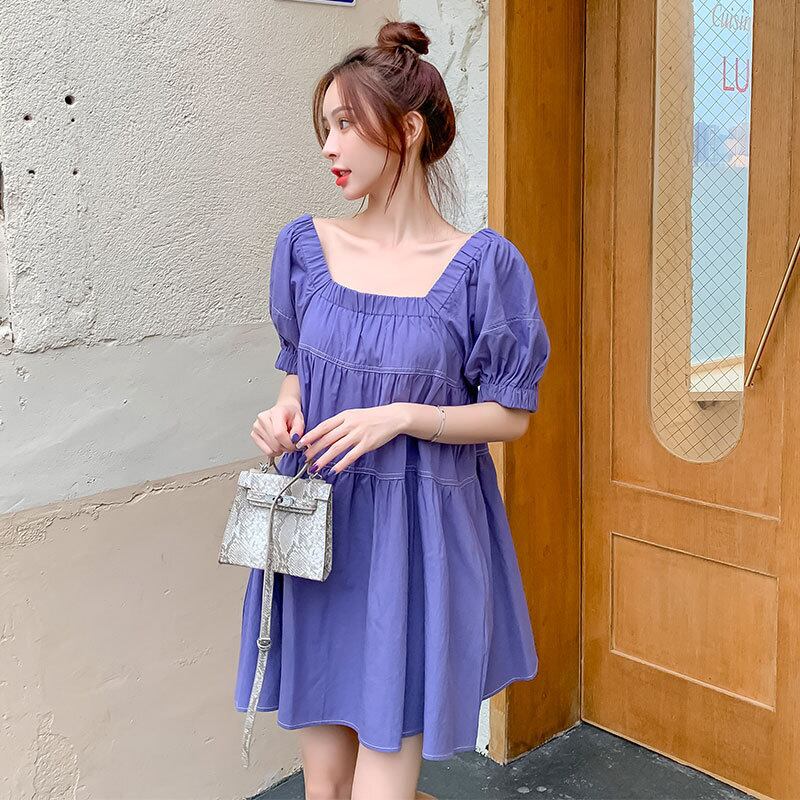 【新作】【送料無料】 マタニティウェア2020夏の新しいスタイルのコットンとリネンのスクエアネックルーズドレスバージョンミドル丈のトレンディなマタニティAラインスカート-アリババ サマー 夏物 スクウェア expec210951874790