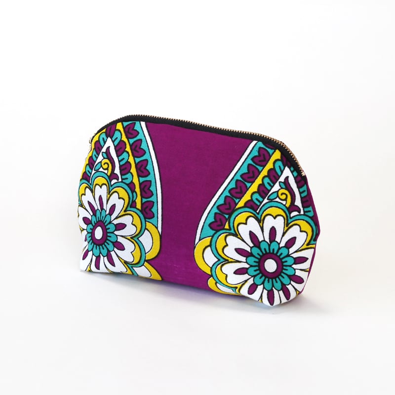 アフリカ布のラウンドポーチ（フラワー）カンガ 化粧ポーチ ギフト