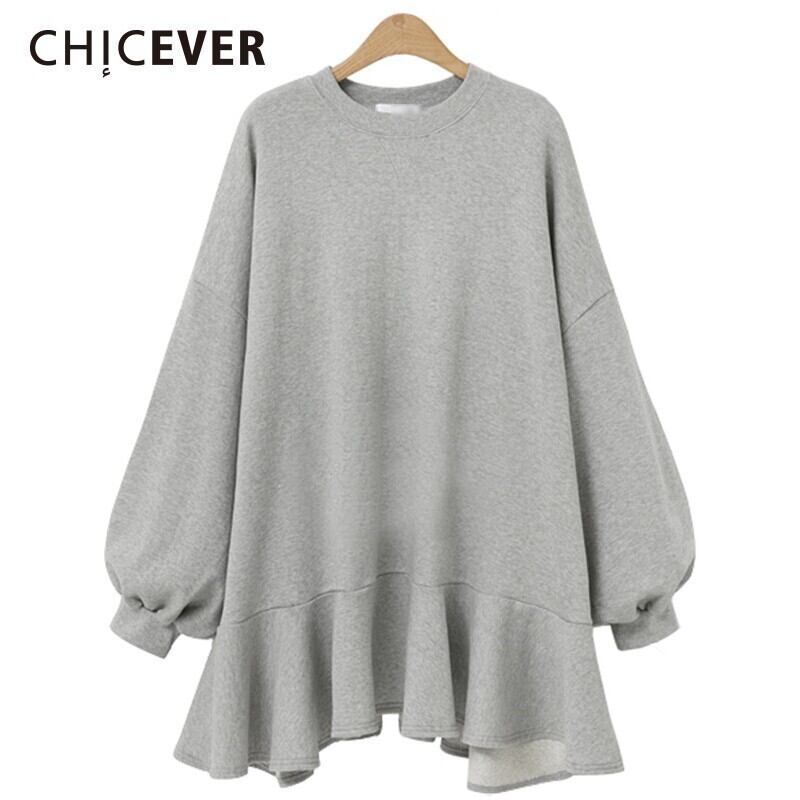 CHICEVERフリルレディースドレスOネックランタンスリーブルーズオーバーサイズオータムドレスレディース洋服タイド ラッフル 秋物 6base535148717945