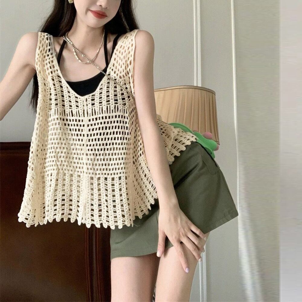 透かし編み ニット タンクトップ レディース 春夏 トップス おしゃれ かわいい 大人 きれいめ 透け感 ビスチェ 重ね着 メッシュ 大人可愛い 大人女子