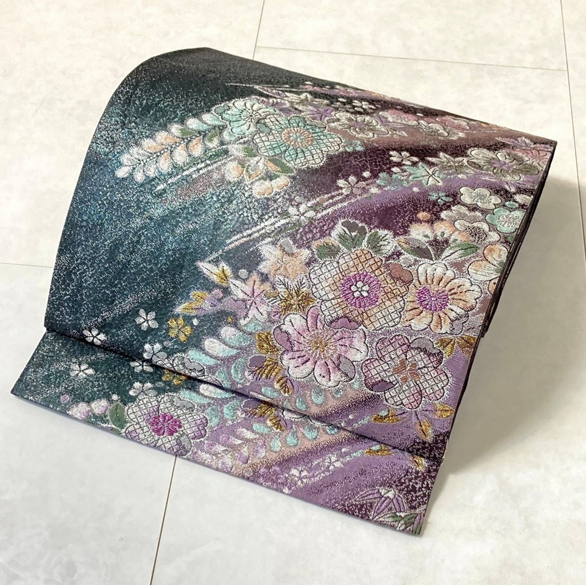 西陣織 辻が花 纐纈 やまと誂製 金糸 銀糸 袋帯 正絹 紫 青緑 553  