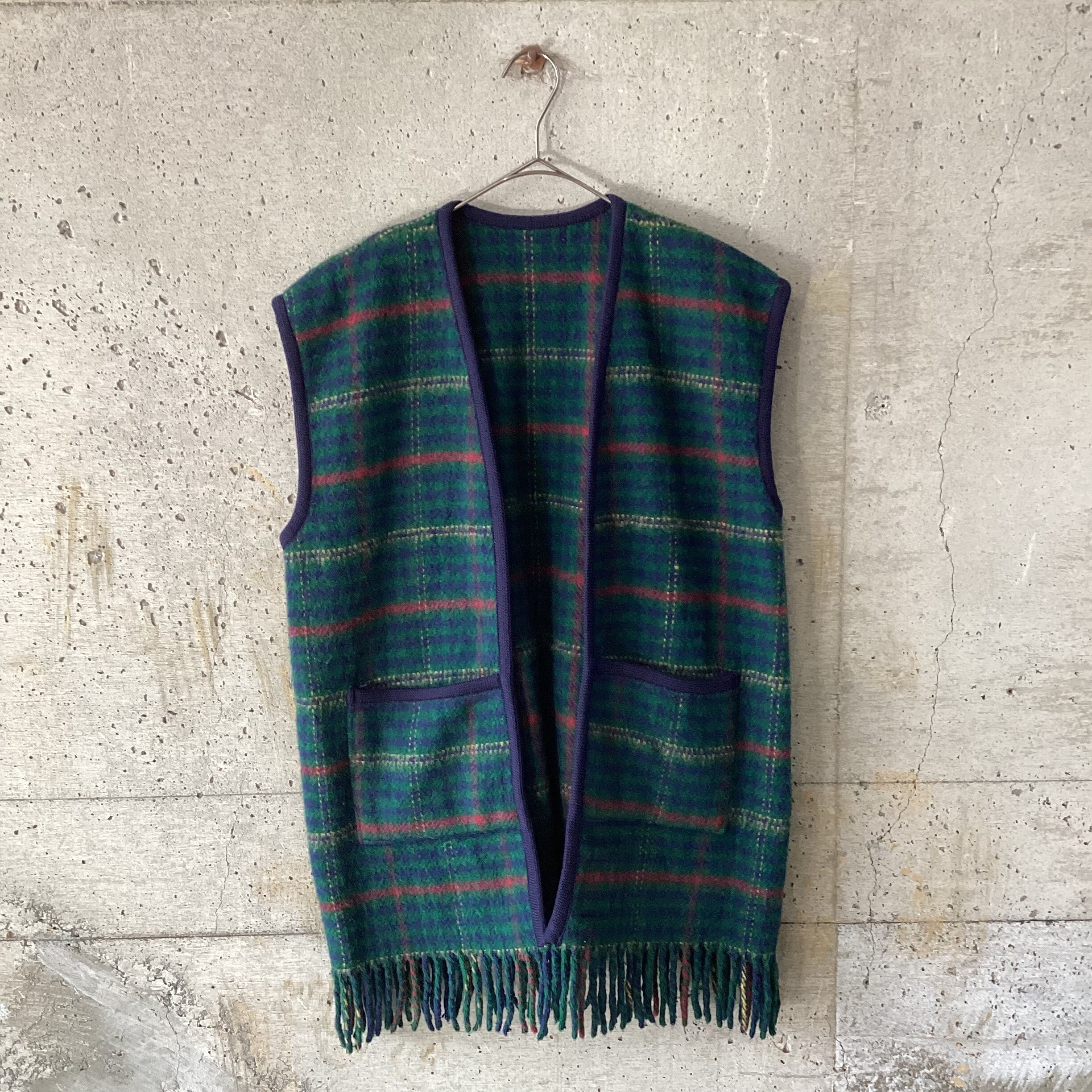 Green Check Fringe Vest