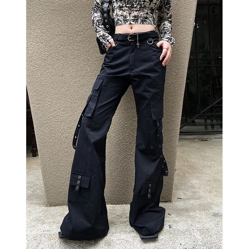 女性の黒ゴシックカーゴフレアパンツだぶだぶヴィンテージ原宿 Y2k 90