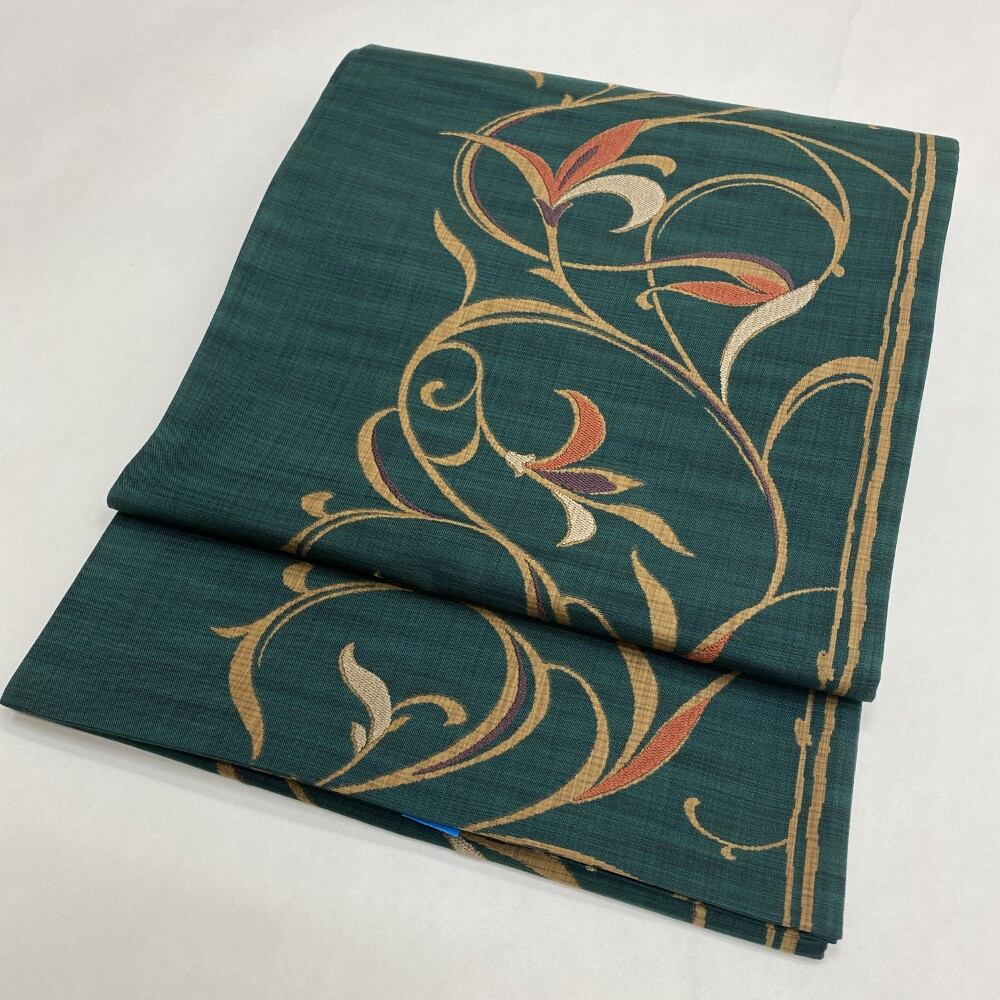 中古 洒落袋帯 正絹 草花 六通柄 グリーン Aランク 432cm 5412