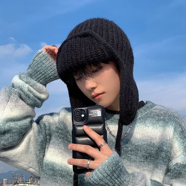 予約販売】ニット帽 パイロット帽 メンズ ブラック 黒 耳当て