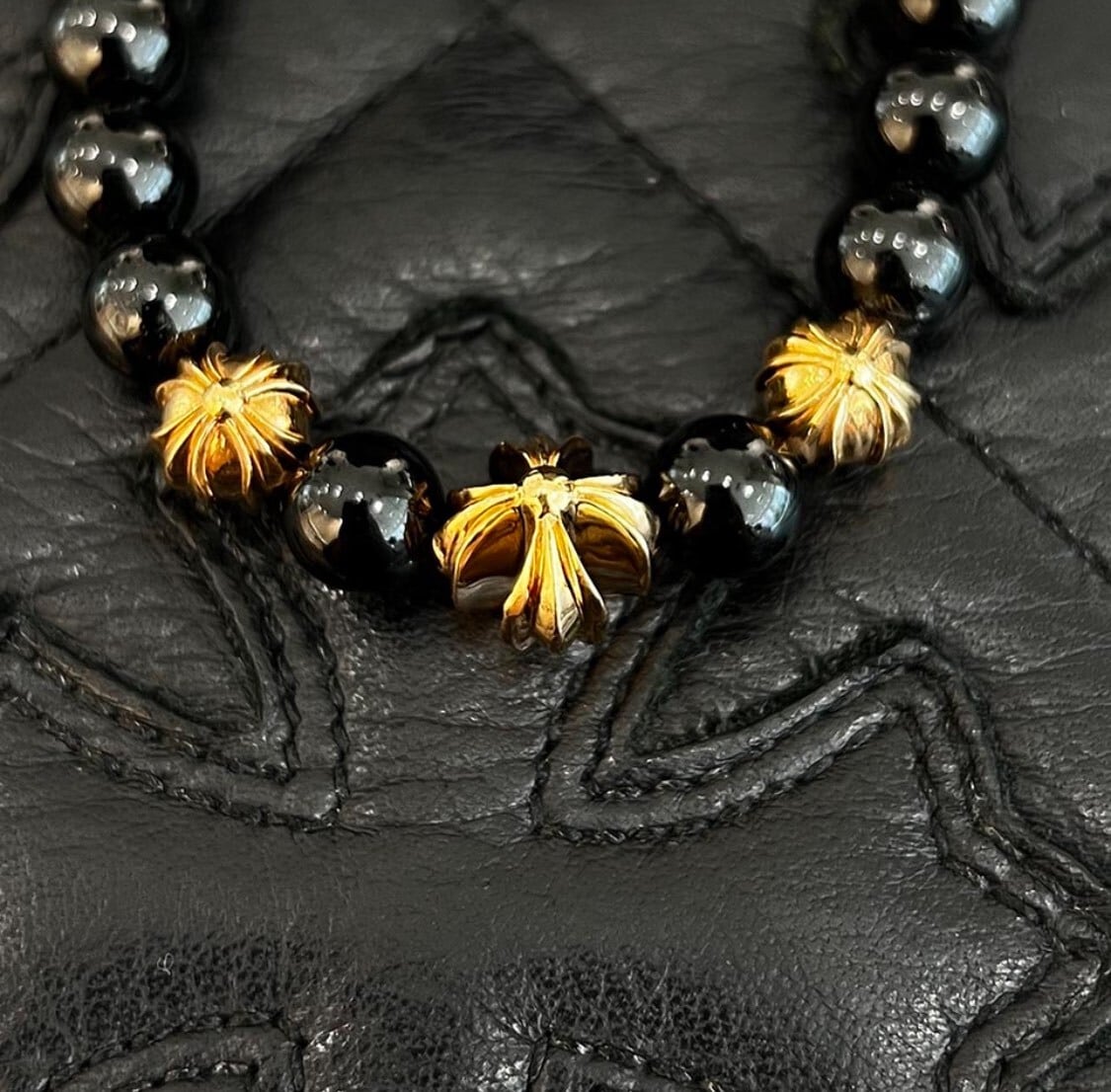 CHROME HEARTS Onyx 22K CH Cross Beads Bracelet Size 8mm クロム