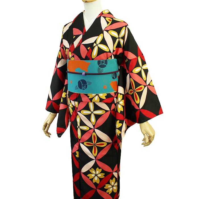 単衣小紋 洗える着物 モダン レトロ 黒 七宝 カラフル かわいい きもの 9月 6月 裏地なし 着物