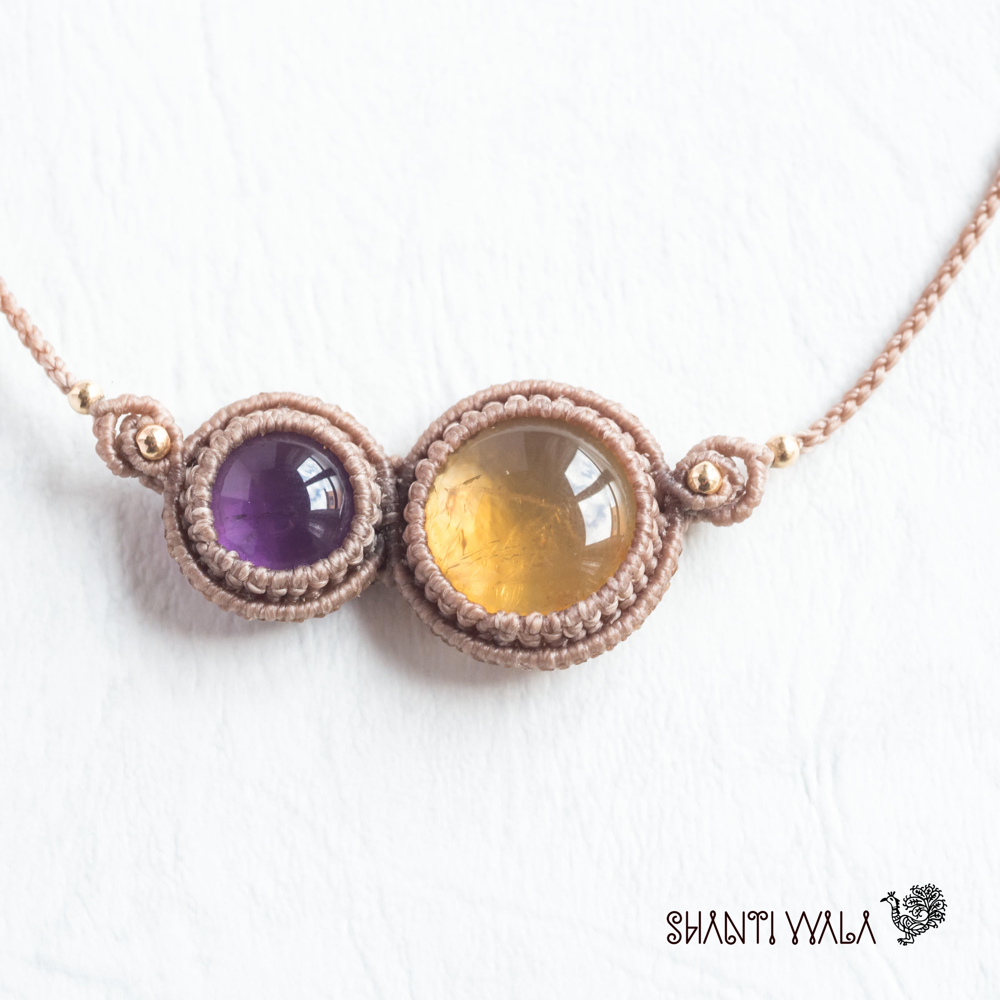 アメトリンのマクラメ編み 天然石ネックレス シトリン×アメトリン×アメジストのマクラメ編み 天然石