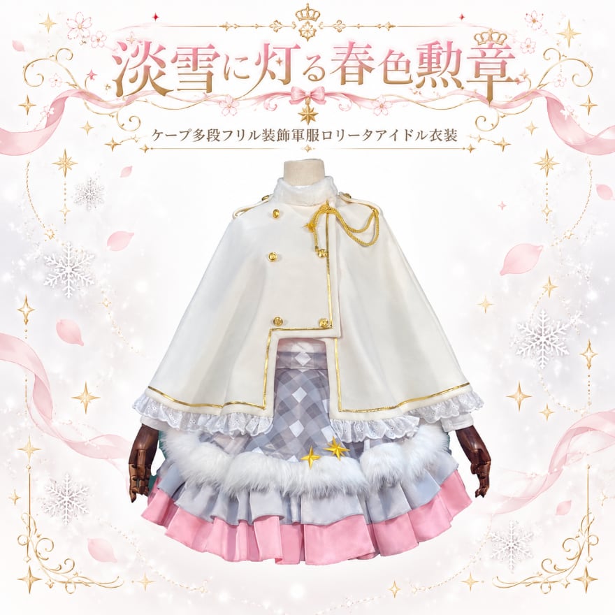 淡雪に灯る春色勲章 ケープ多段フリル装飾軍服ロリータアイドル衣装
