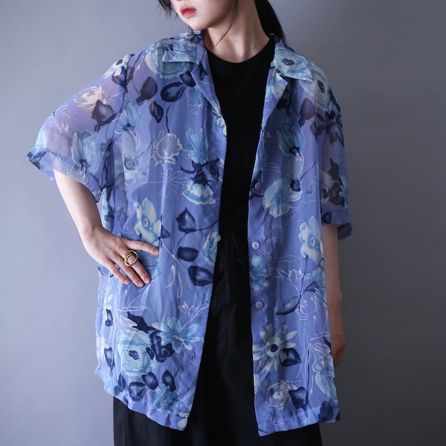 cold color beautiful flower pattern over silhouette h/s see-through shirt