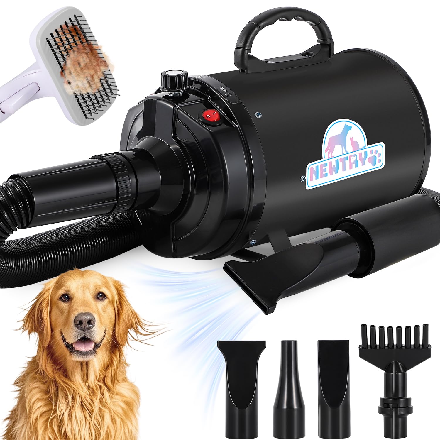 【新着特価】NEWTRY ペットドライヤー 犬用 ペット用 ドライヤー ブロワー 送風機 無段階速度制御 3つのノズル付き ブラシ付き 風速、温度調整可能 大風量 騒音低減 100V 50Hz/60Hz 650-1800W (黒)