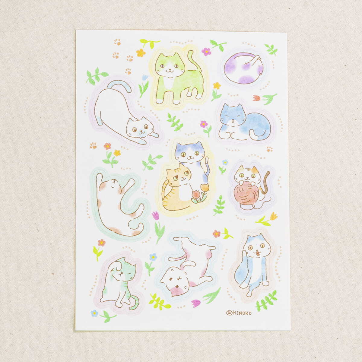 シール B6 いろんなねこ / グッズ シール イラスト 猫 絵本風 | きのこ