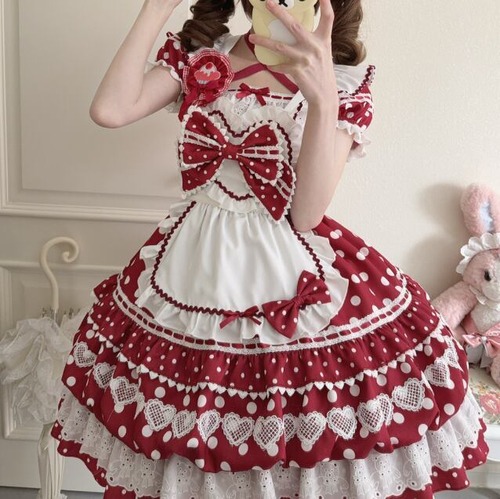 甘ロリ♡ドット柄ブローチ付きメイド服セット　wanpi107★
