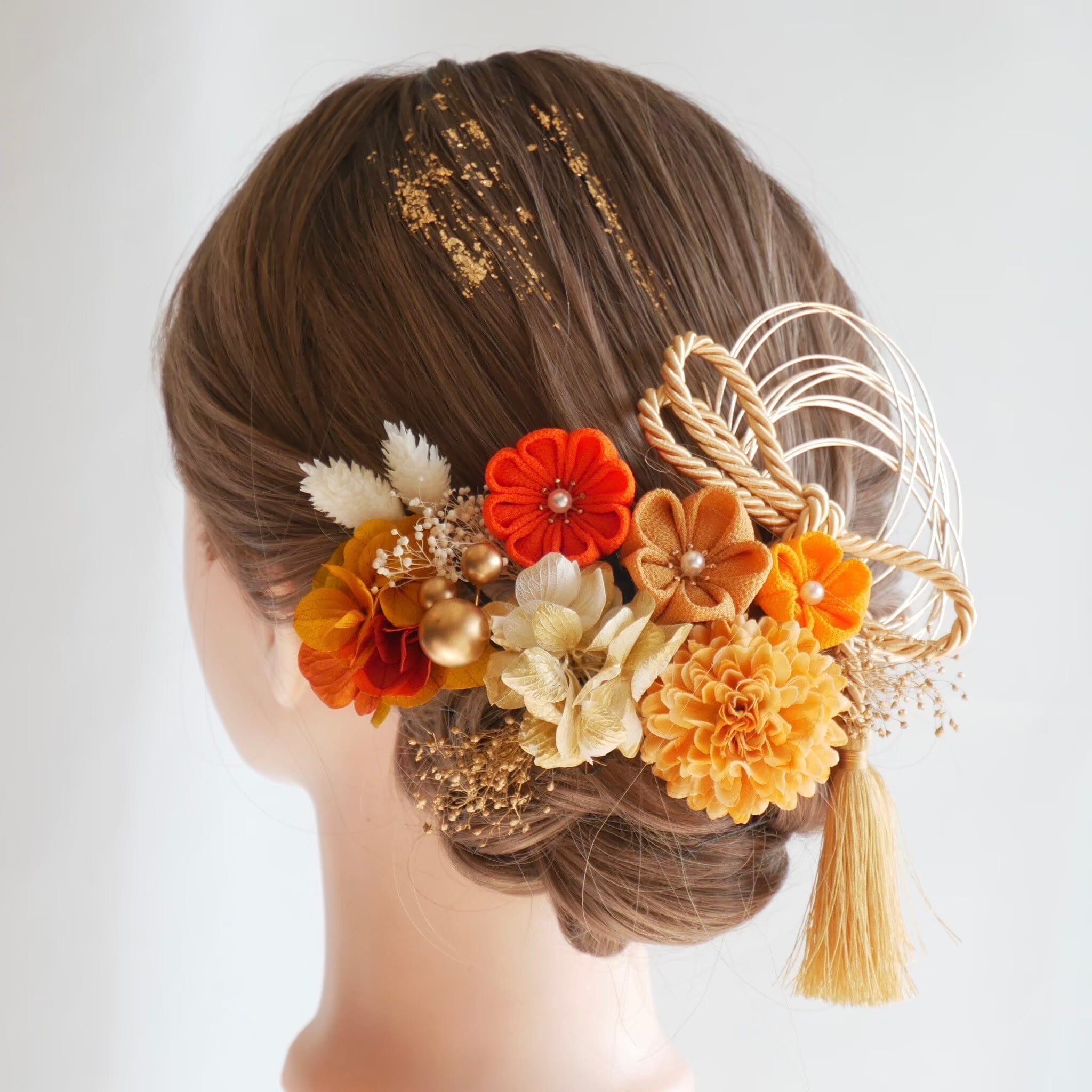 N9 つまみ細工 髪飾り オレンジ 卒業式 袴 結婚式 ドライ