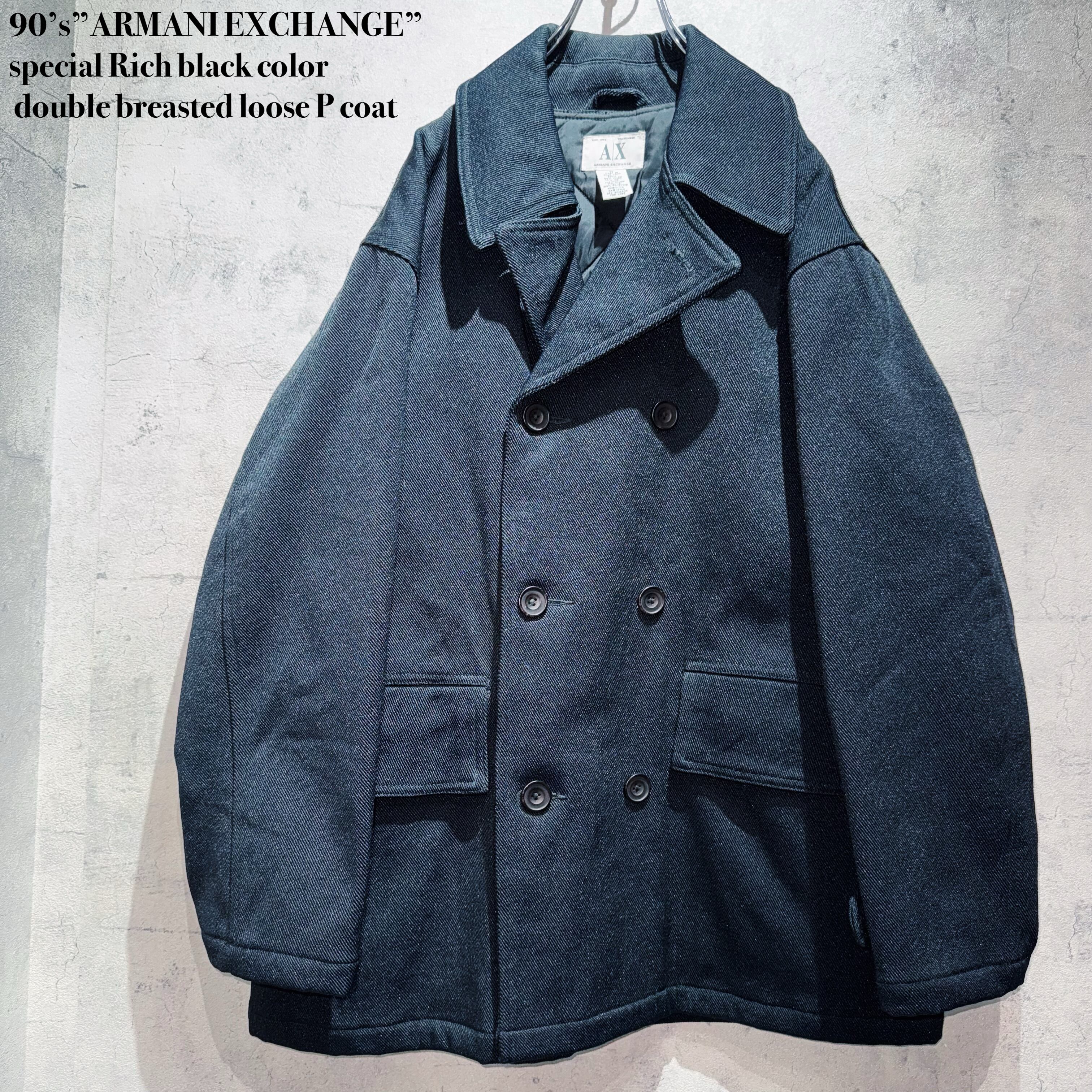 90’s”ARMANI EXCHANGE”special Rich black color double breasted loose P coat