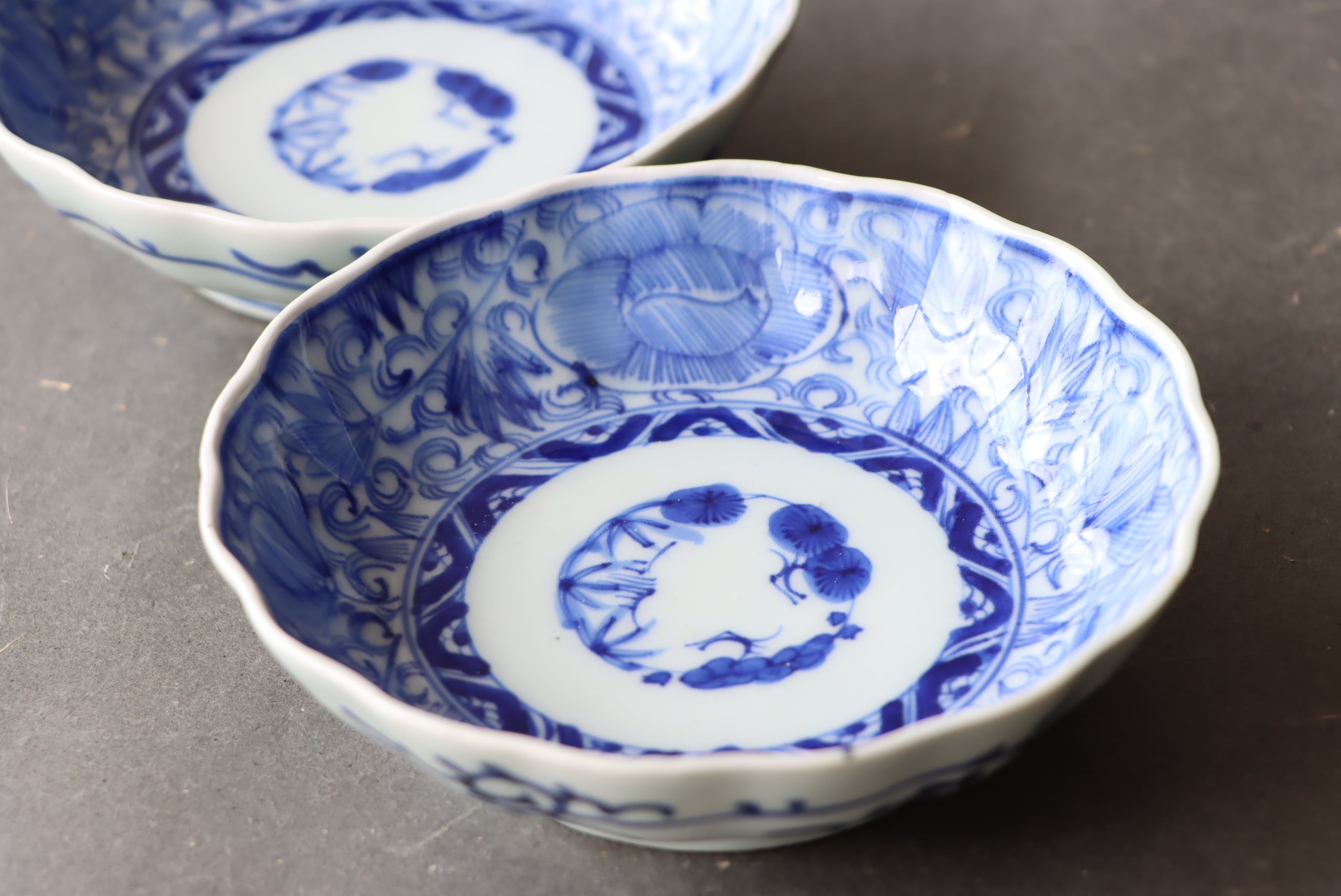 伊万里焼 染付 線描 花文 膾皿/Imari 