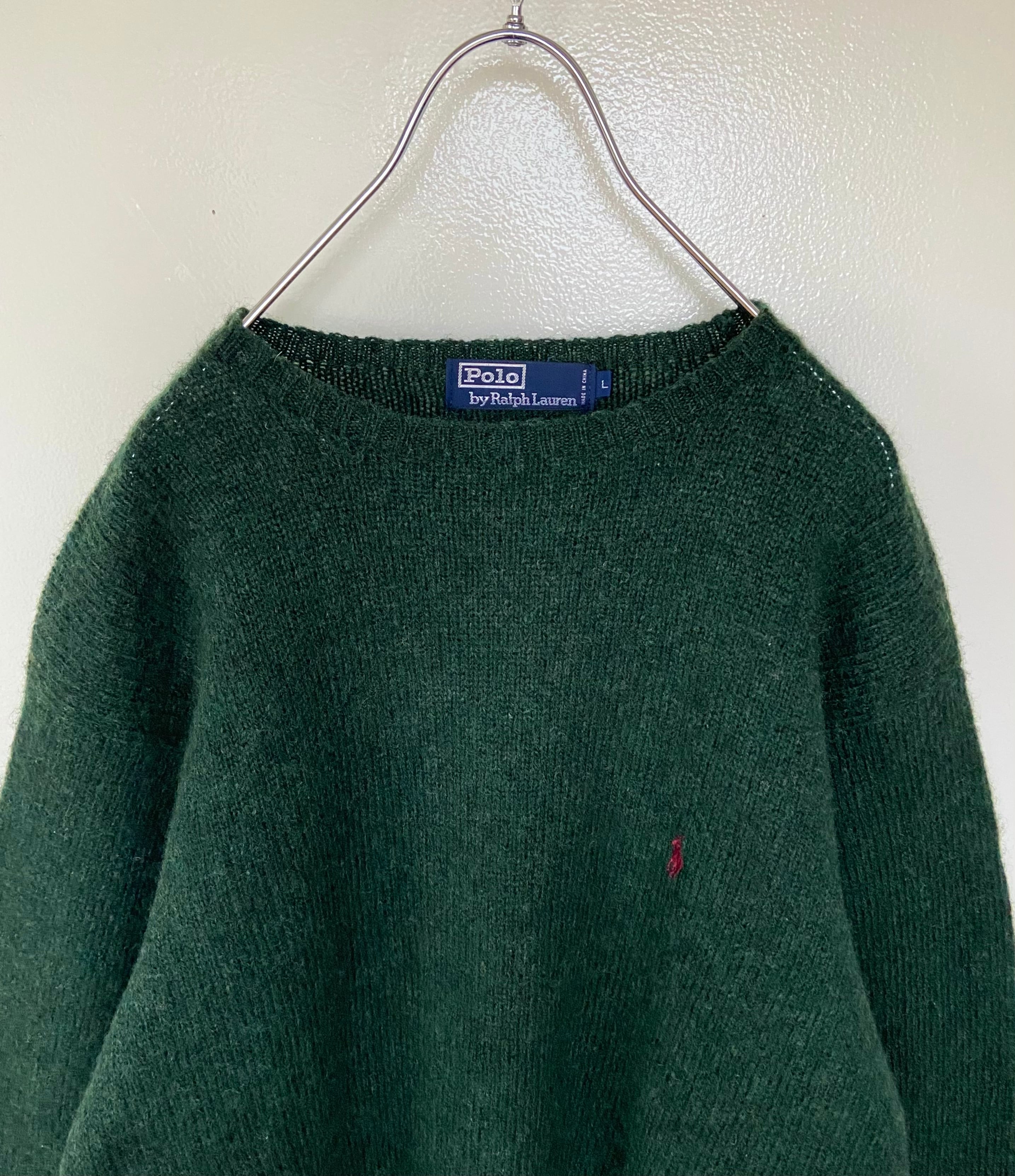 90s古着 POLO Ralph Lauren/ポロラルフローレン 赤刺繍 薄手ニット L