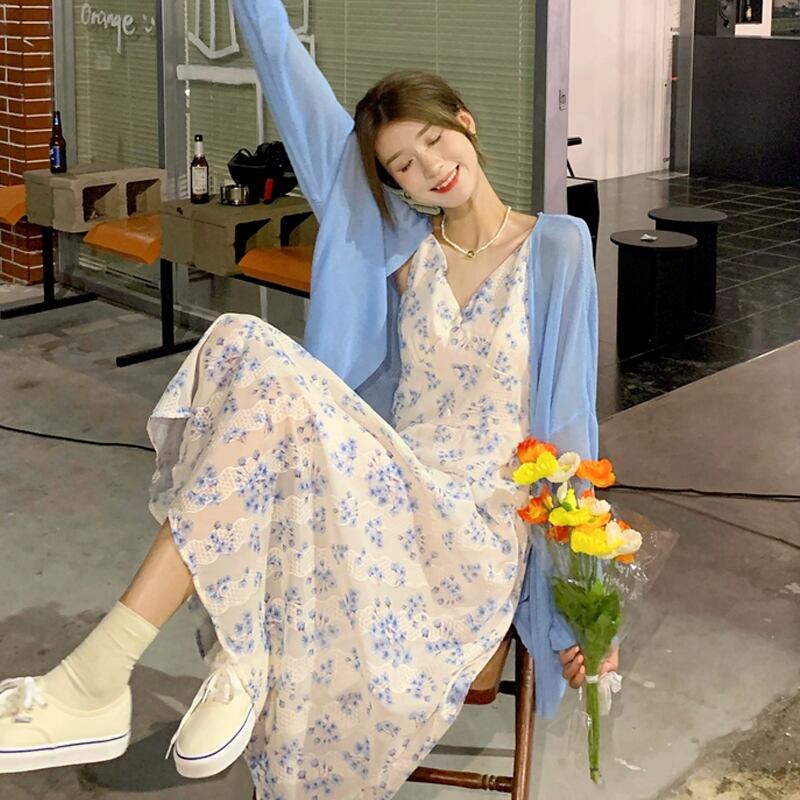 フローラルシフォンドレス サマースタイルVネックスカート ロング 大人ガーリー スウィート キュート カジュアル 夏物 花柄 スーパーモール79515405816