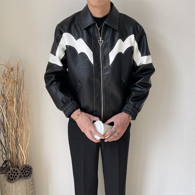 【予約販売】ブルゾン アウター ジップアップ 革ジャン レザー バイカラー ライン グレー ブラック ジャケット ショート丈 メンズ カジュアル 男前 こなれ感 お洒落 韓国 トレンド 秋 冬 M/L/XL/2XL