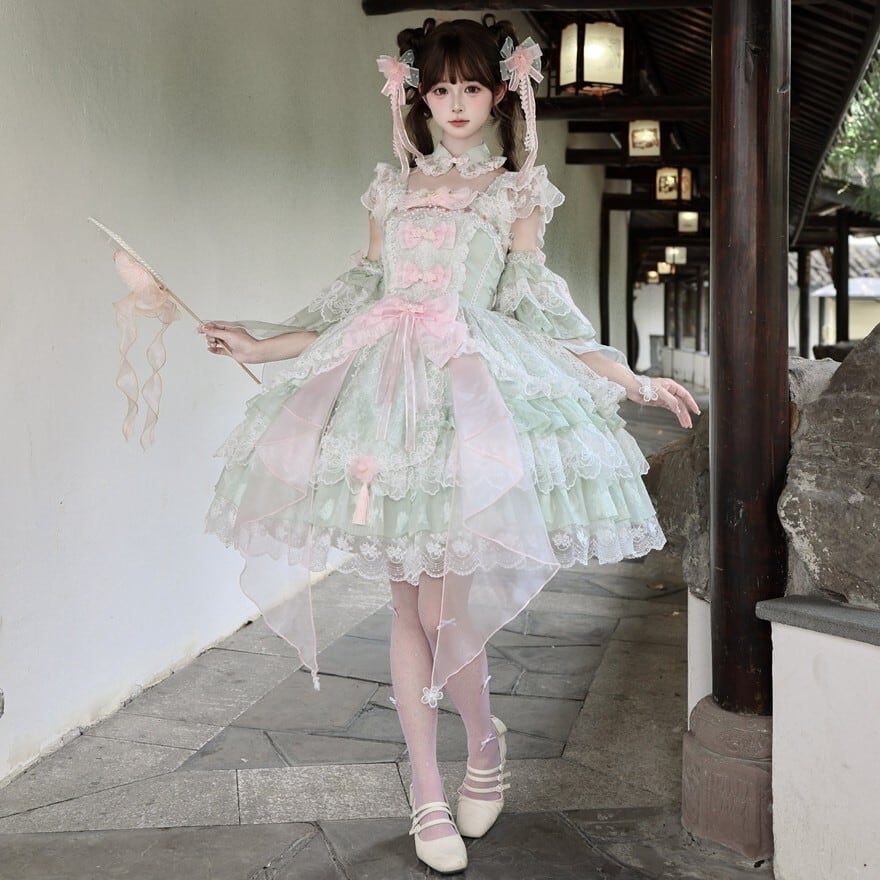 ロリータファッション 甘ロリ 若草色・ピンク・紫 レースリボン付け袖